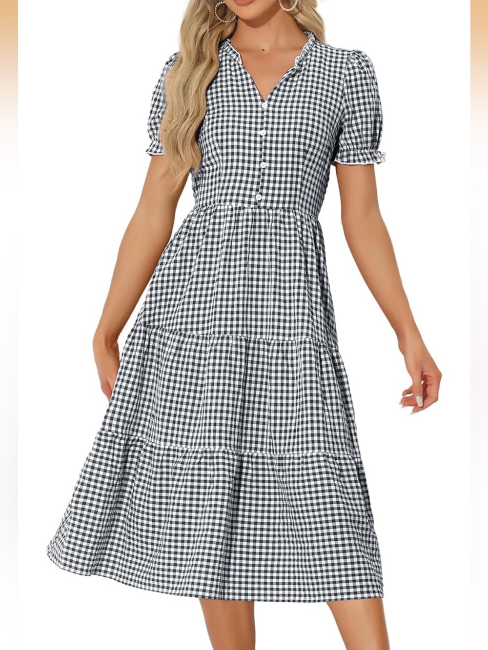 Allegra K Gingham Tiered Black and White Plaid Midi Dress